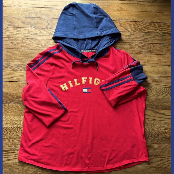 Tommy Hilfiger Sport Tops - Tommy Hilfiger Sport Long Sleeve Logo Hooded Scarlet/Navy Sweatshirt